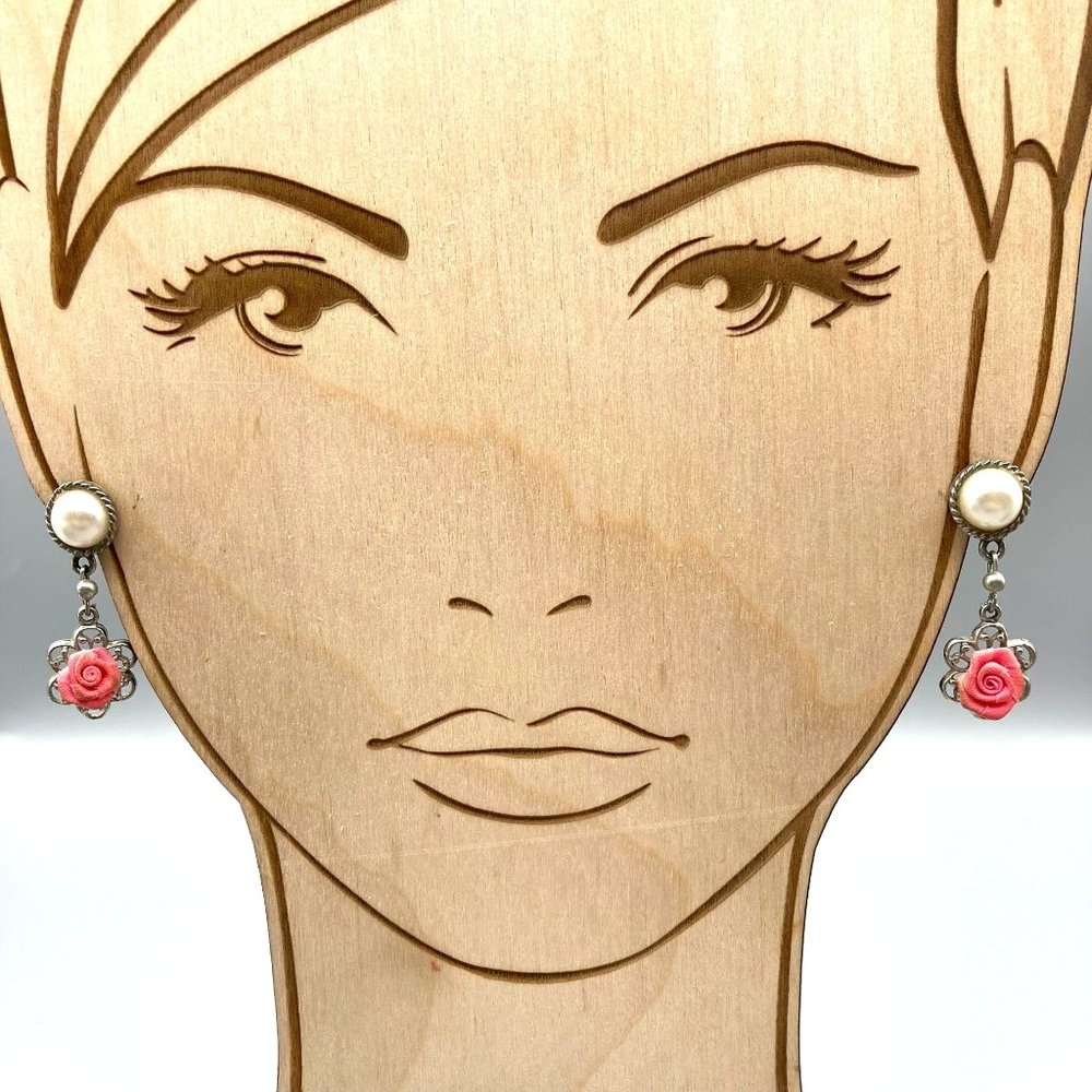 Coquette Vintage Rose Dangle Earrings, Faux Pearl in Silver Tone Drops